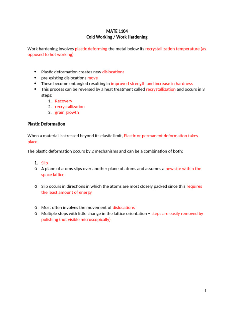 Work Hardening (Student) | PDF | Plasticity (Physics) | Dislocation