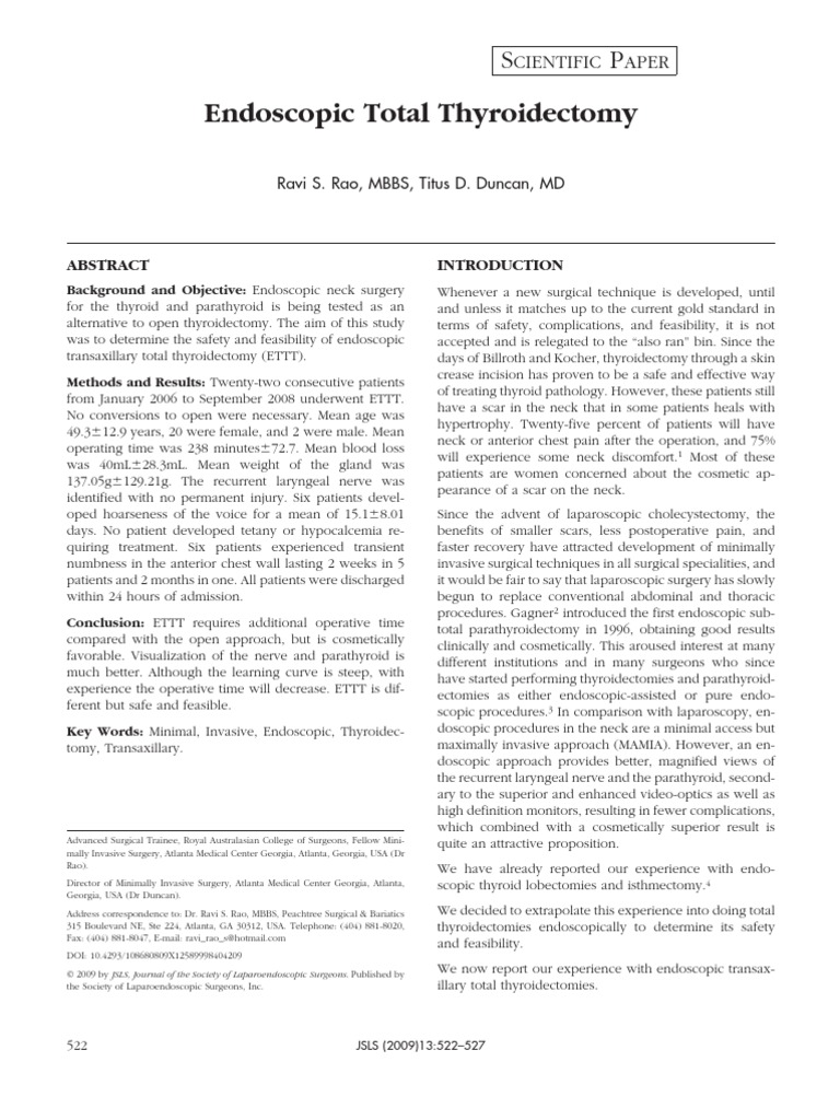 Endoscopic Total Thyroidectomy PDF Surgery Thyroid