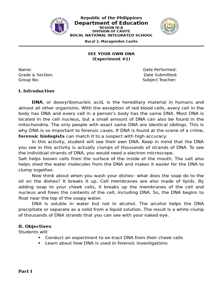 Laboratory Report 1-SEE-YOUR-OWN-DNA | PDF | Cell (Biology) | Dna