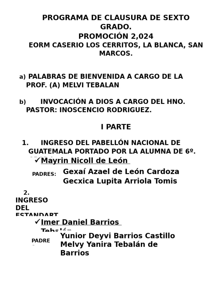 Programa de Clausura de Sexto Grado 2024 | PDF