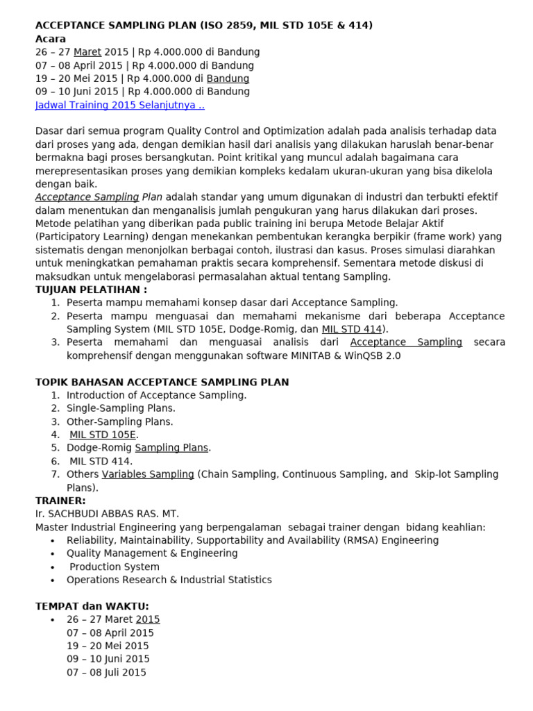 Pelatihan Acceptance Sampling Bandung | PDF