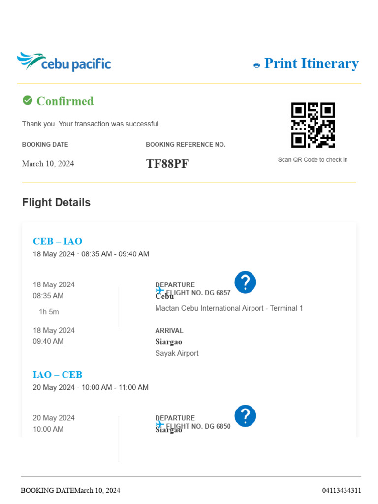 Cebu Pacific Flight Itinerary Details | PDF | Fee | Payments