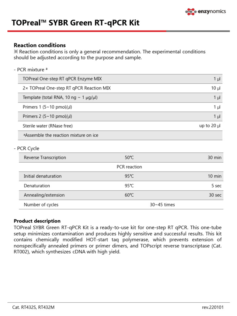 Enzynomics Manual RT432 TOPreal+SYBR+Green+RT-qPCR+Kit | PDF | Real ...