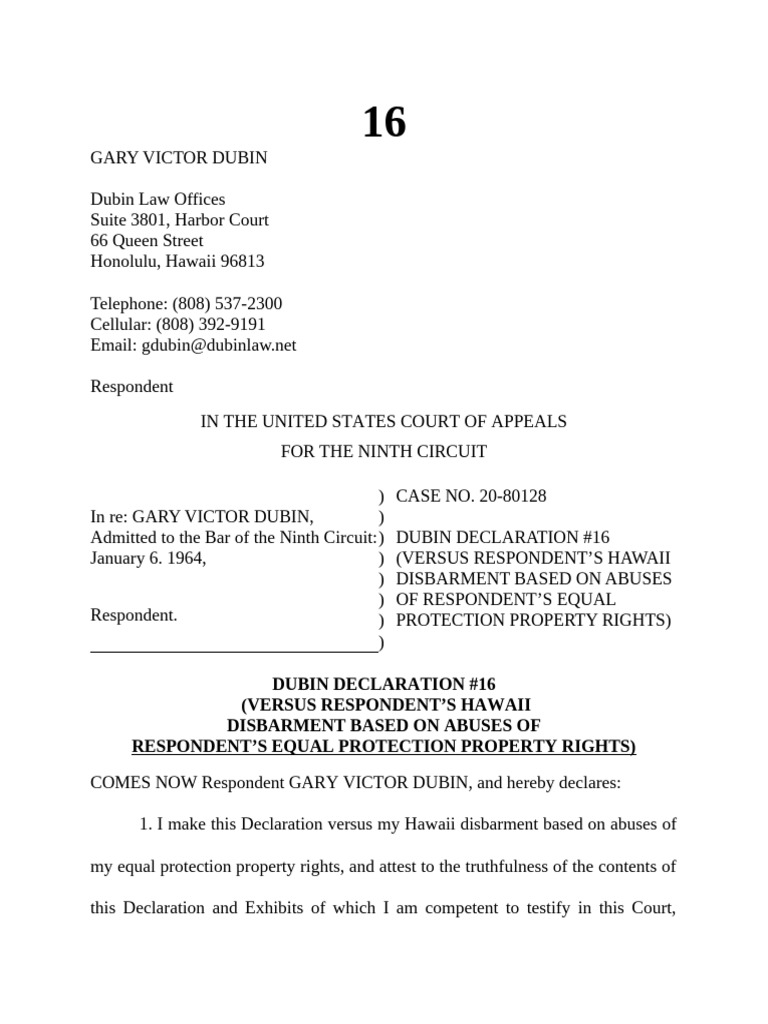 9ca #16 Dubin Declaration | PDF | U.S. State | Lawyer