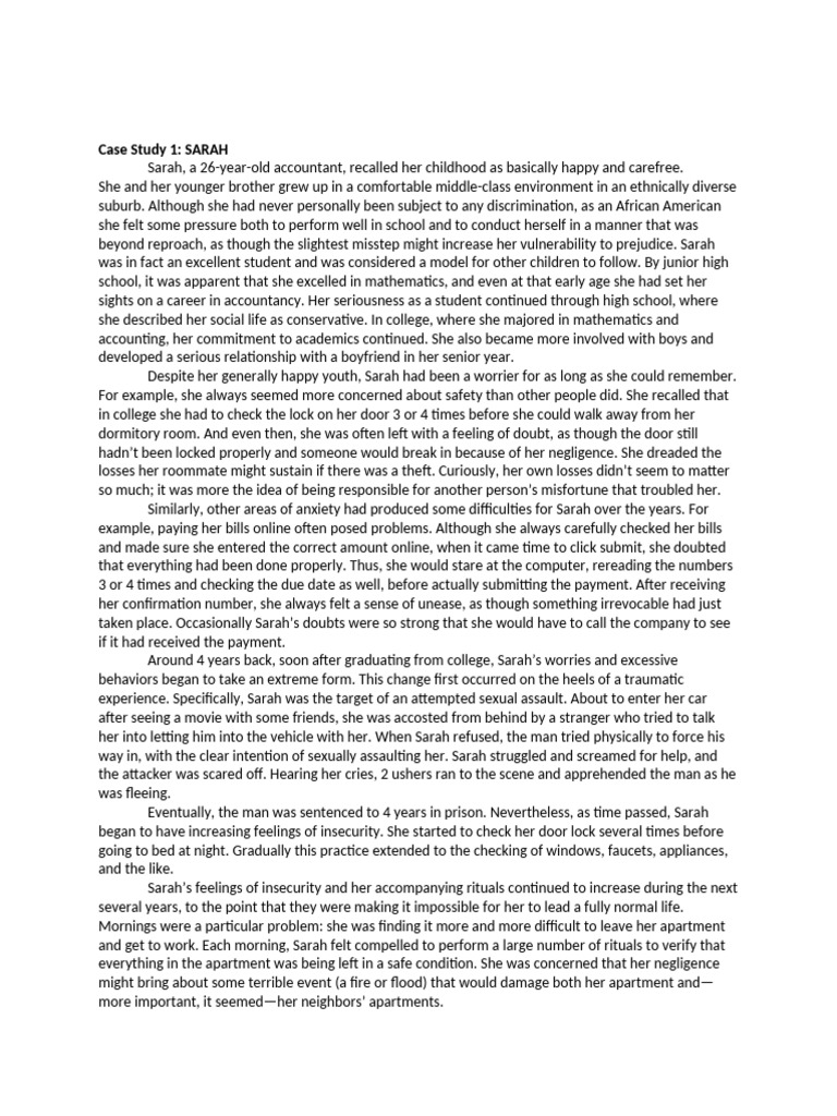 Case Analysis 1 SARAH | PDF | Obsessive–Compulsive Disorder | Anxiety ...