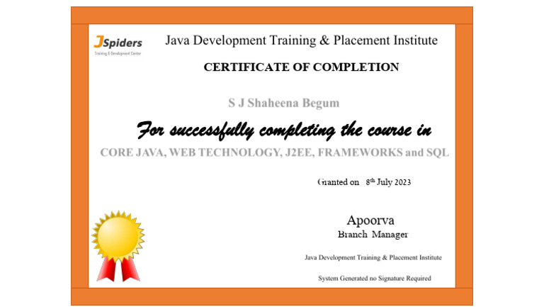 Java Development Course Completion Certificate | PDF