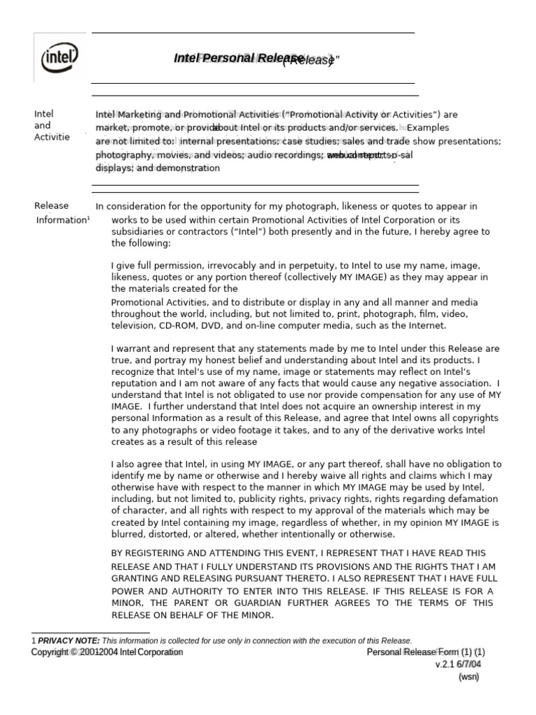 Intel Media Release Form | PDF | Copyright | Justice