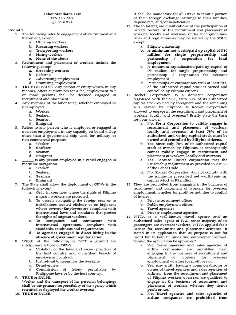Labor Standards Law Quiz Bowl 2024 | PDF | Overtime | Employment