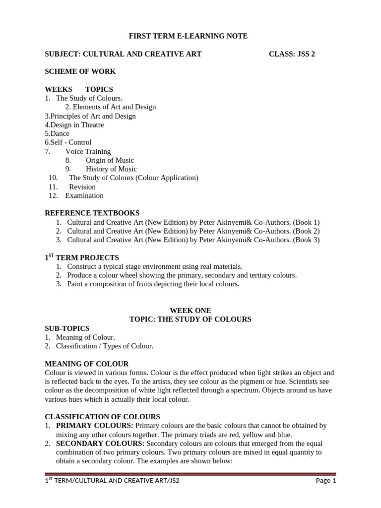 JSS2 CCA First Term Lesson Notes | PDF | Drawing | Sound