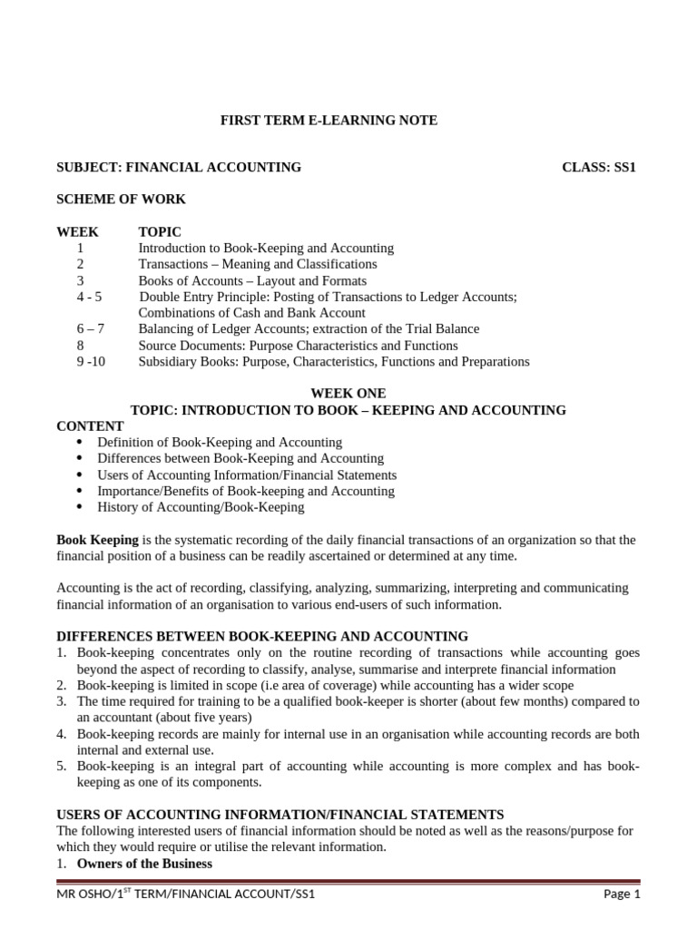 SS1 Financial Accounting First Term Notes | PDF | Debits And Credits ...