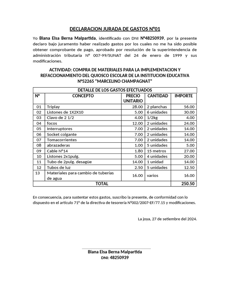 DECLARACION JURADA DE GASTOS | PDF