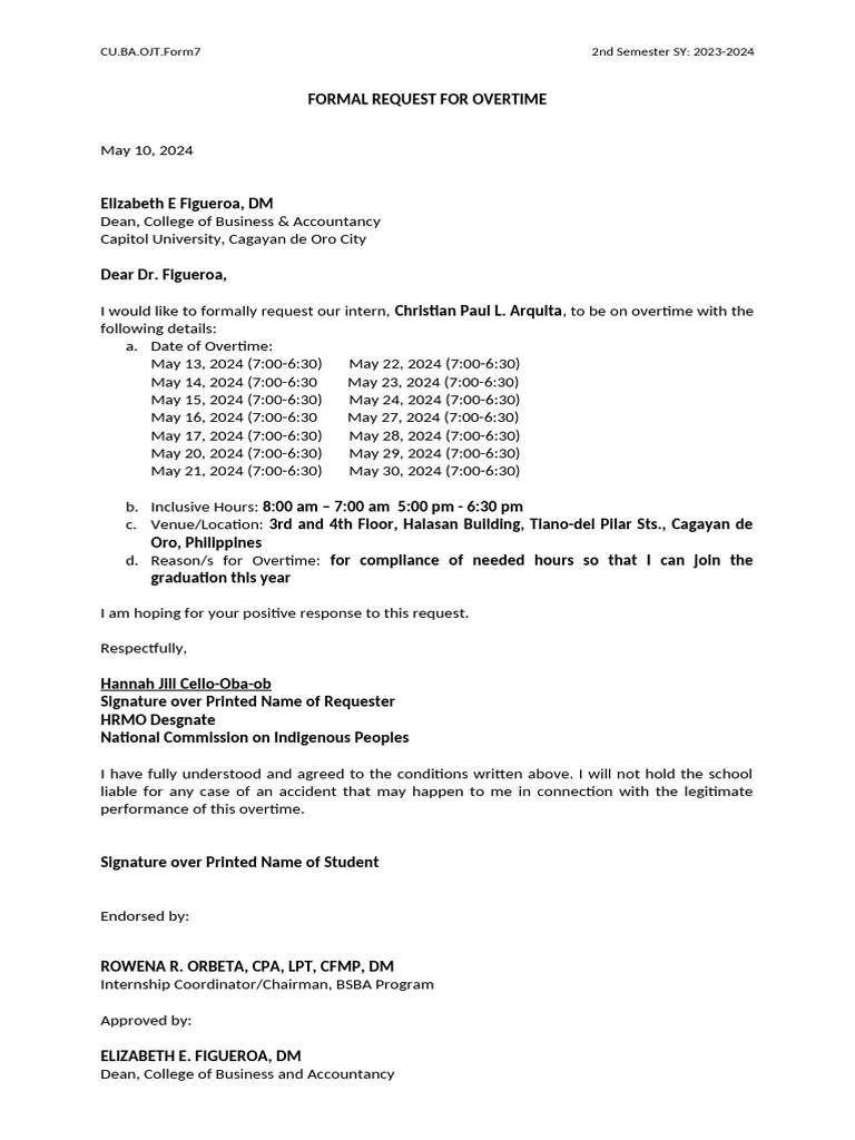 Formal Overtime Request for Intern | PDF