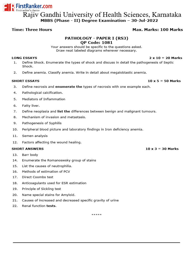 MBBS Pathology Exam Questions 2022 | PDF | Anemia | Causes Of Death