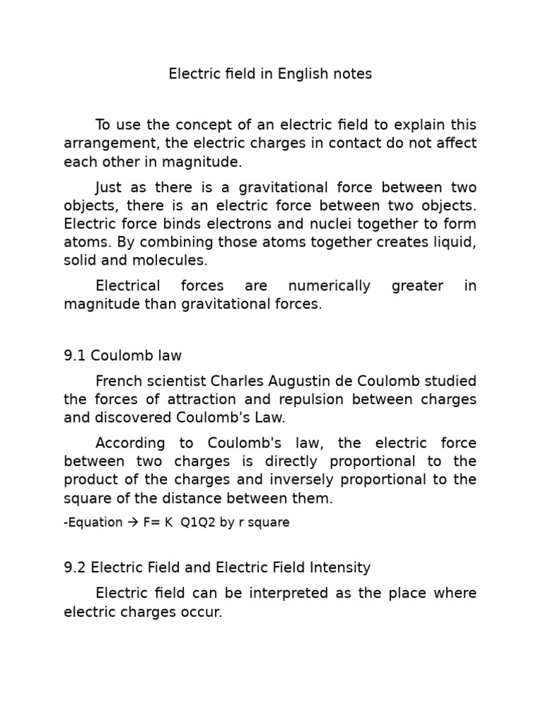 Electric Field in English Notes | PDF | Electric Field | Force