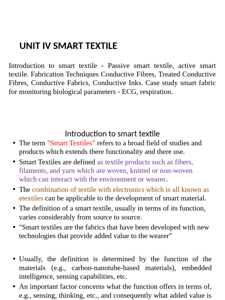UNIT IV SMART TEXTILE | PDF | E Textiles | Textiles