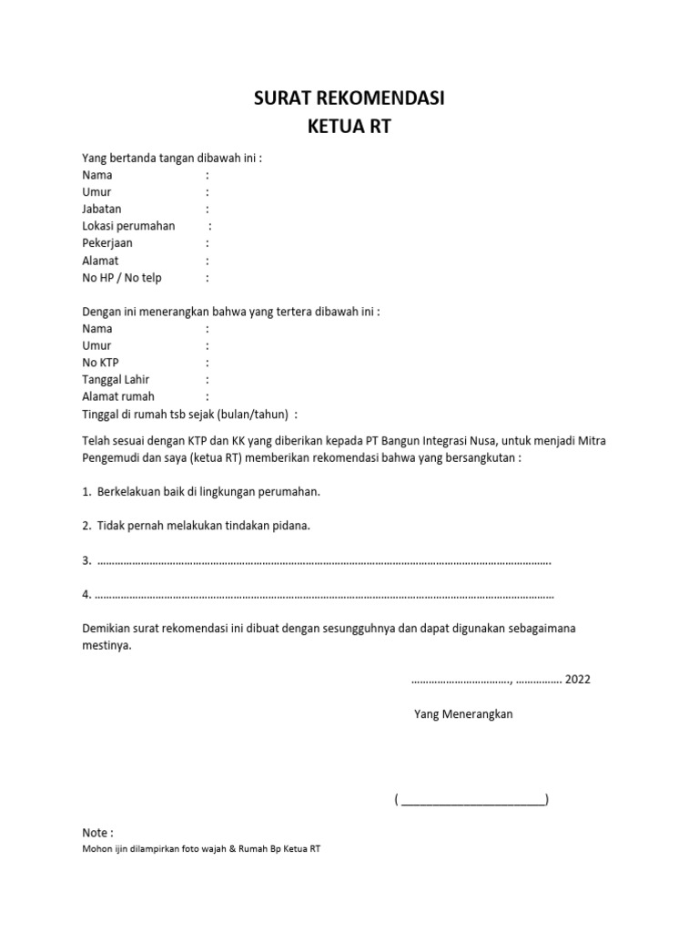 Surat Rekomendasi Ketua RT untuk Mitra | PDF