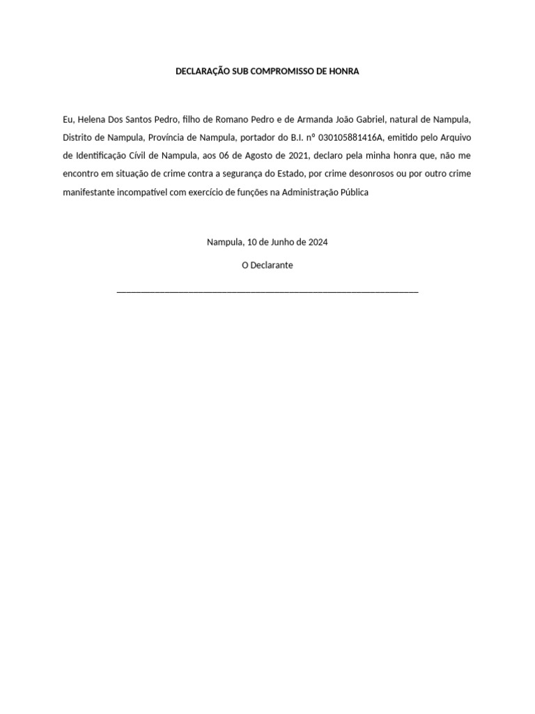 Declaração de Compromisso de Honra | PDF