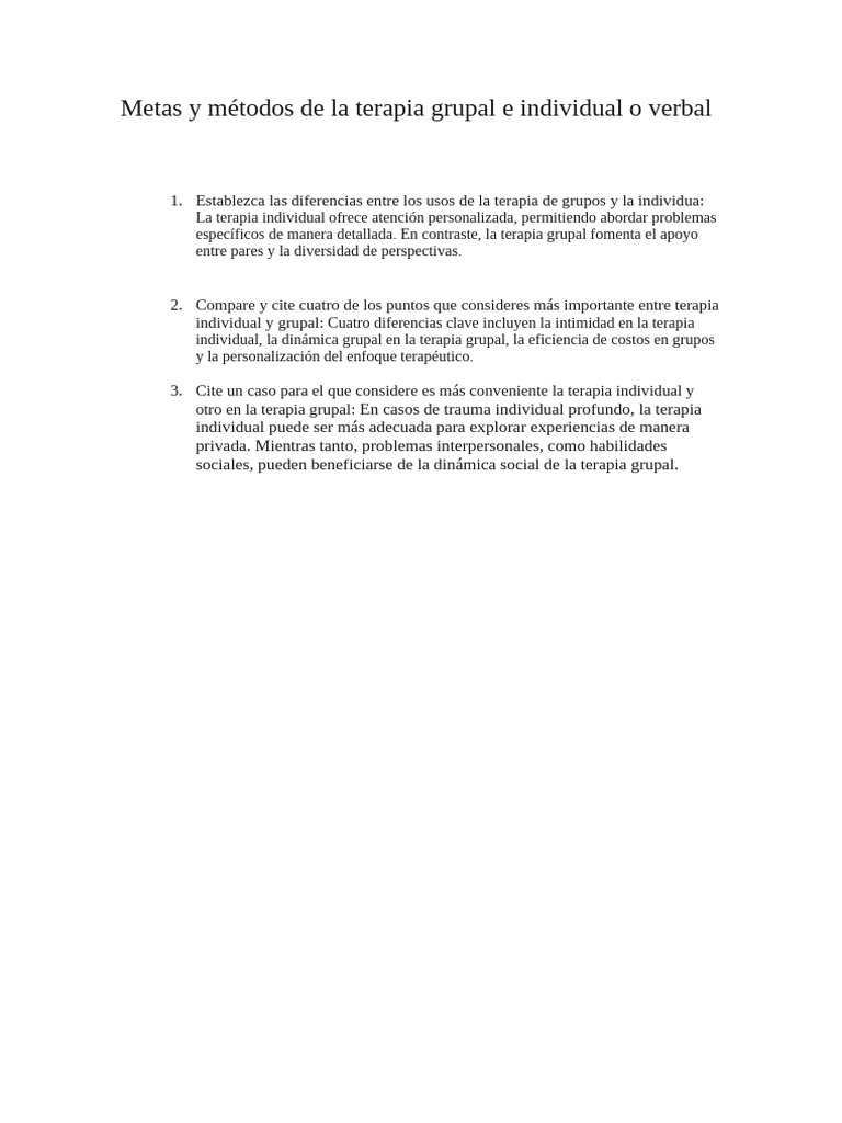 Metas y Métodos de La Terapia Grupal e Individual o Verbal | PDF