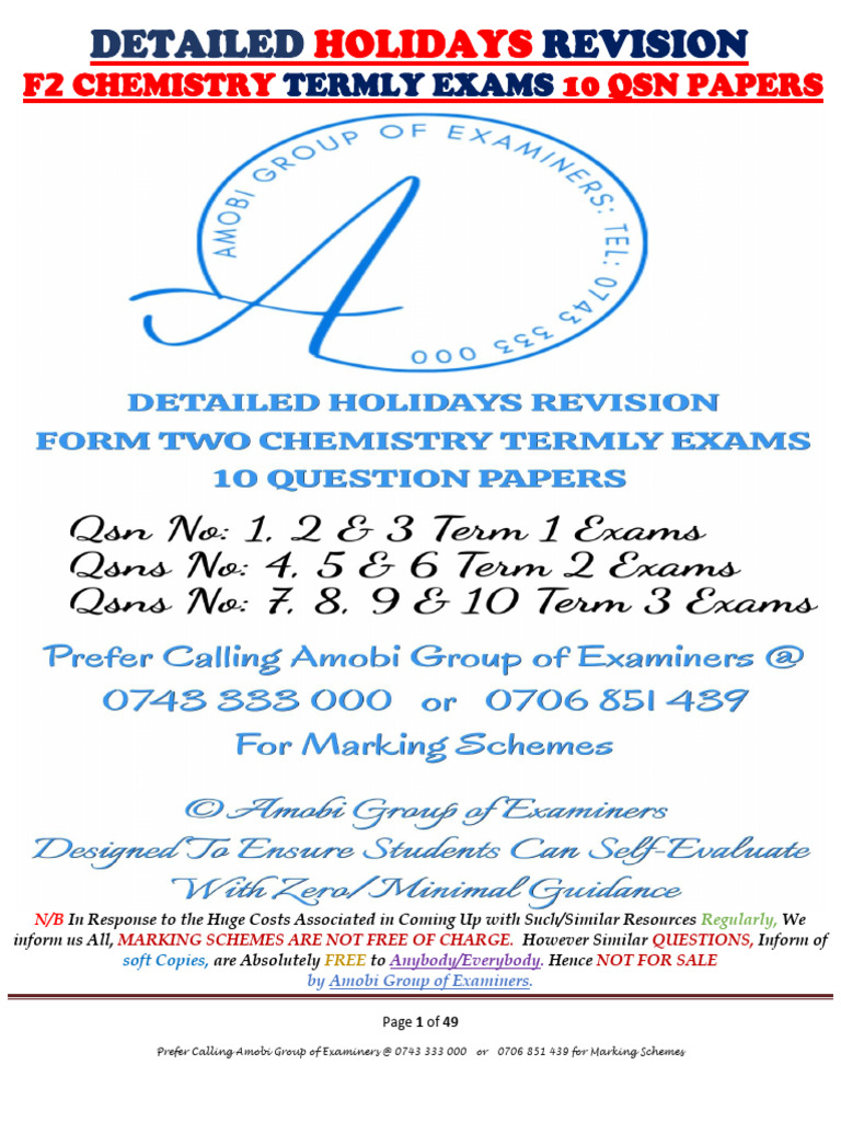 F2 Chemistry Holiday Revision Papers | PDF | Chemical Elements | Ion