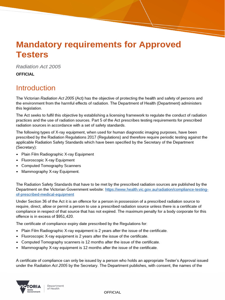 Mandatory requirements for approved testers pdf ct scan radiography