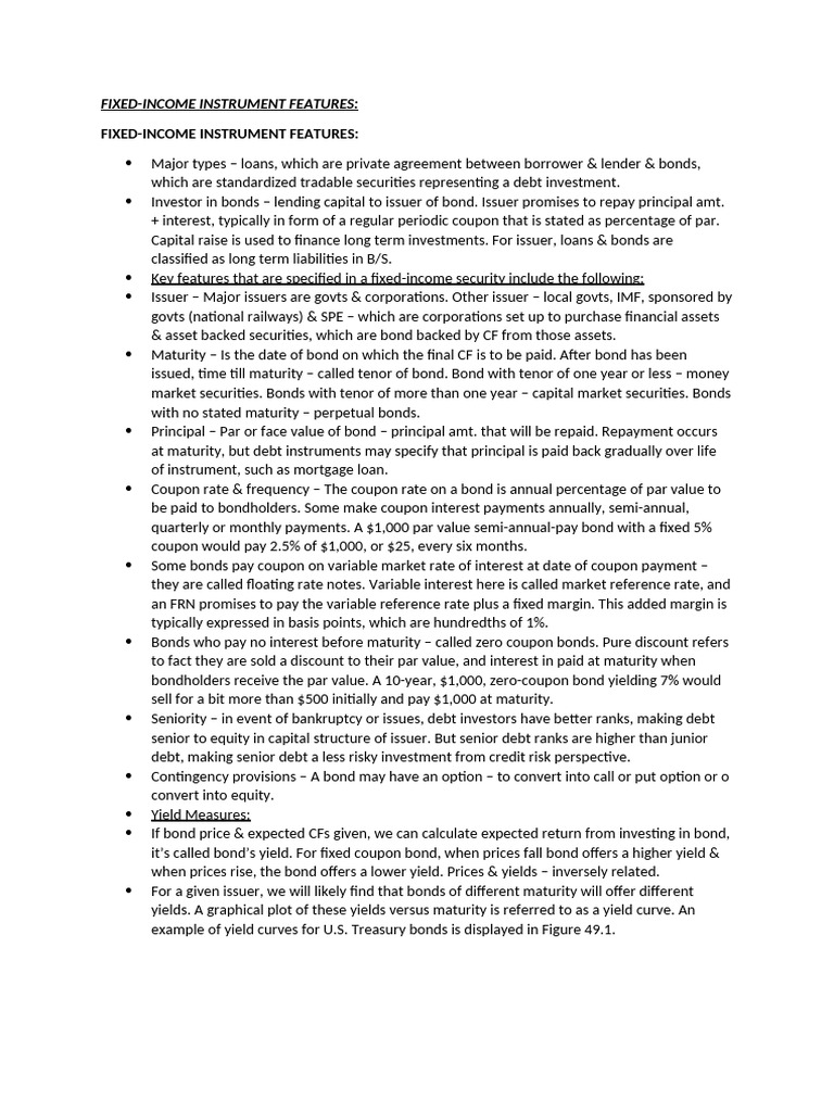 Fixed Income Notes CFA Level 1 | PDF | Bonds (Finance) | Yield (Finance)