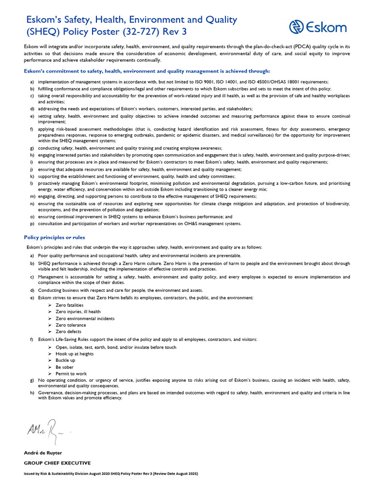 Eskom SHEQ Policy Overview | PDF | Occupational Safety And Health | Safety