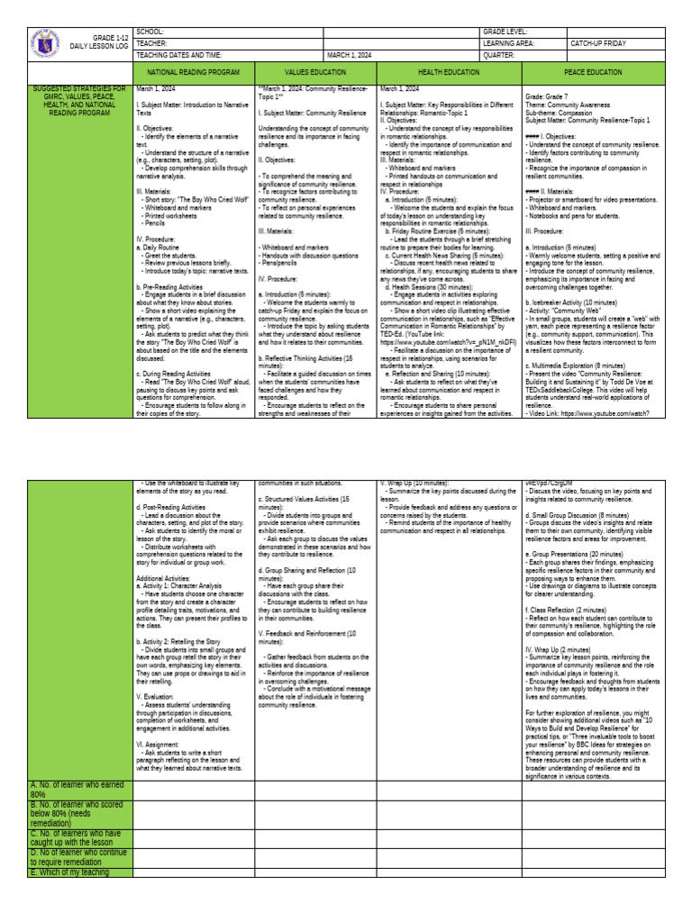Grade 7 Daily Reading Lessons | PDF | Psychological Resilience ...