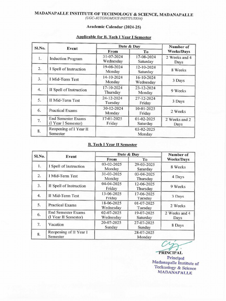 Academic Calendar 24 25 I Year | PDF