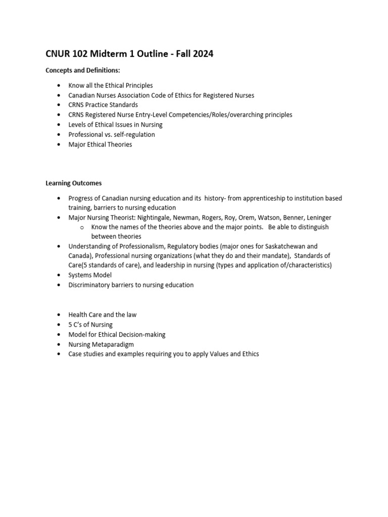 CNUR 102 Midterm 1 Study Guide | PDF