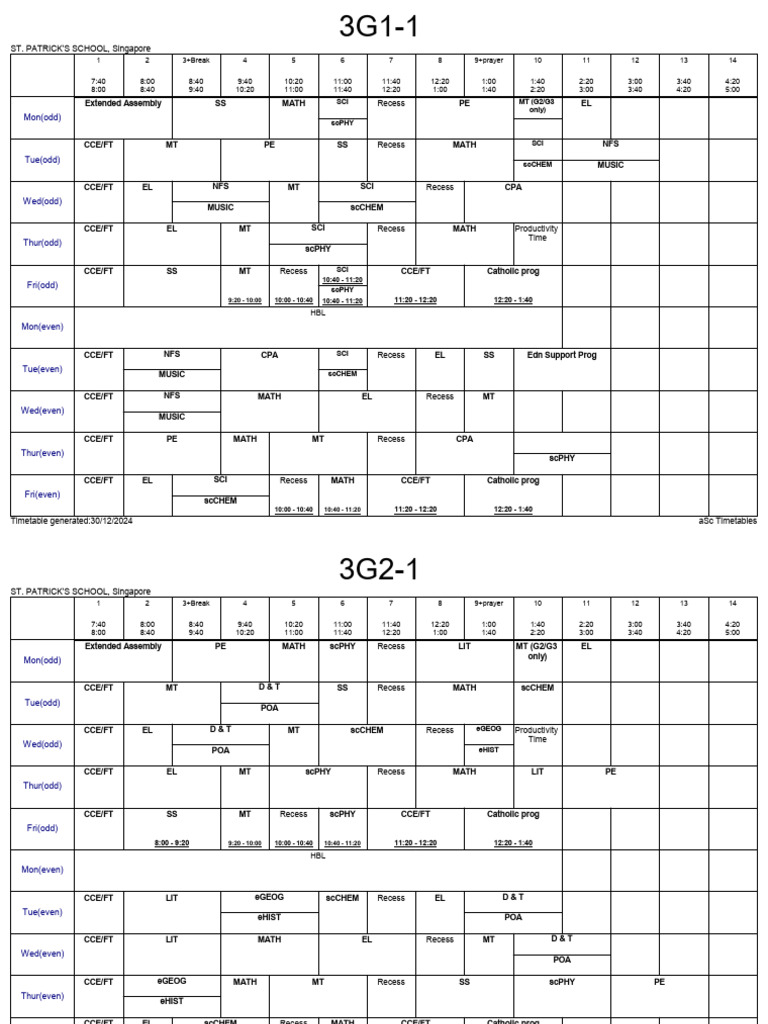 St. Patrick's School Timetable 2024 | PDF