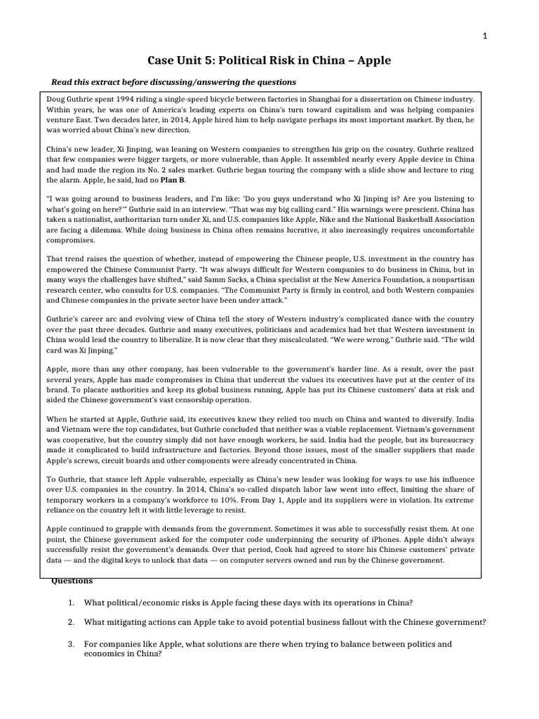 Lecture 8 Case Unit - Political Risk | PDF | Apple Inc. | China