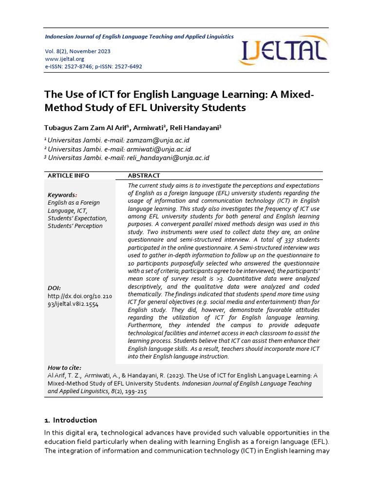 ICT in EFL: Student Perceptions & Use | PDF | Educational Technology ...