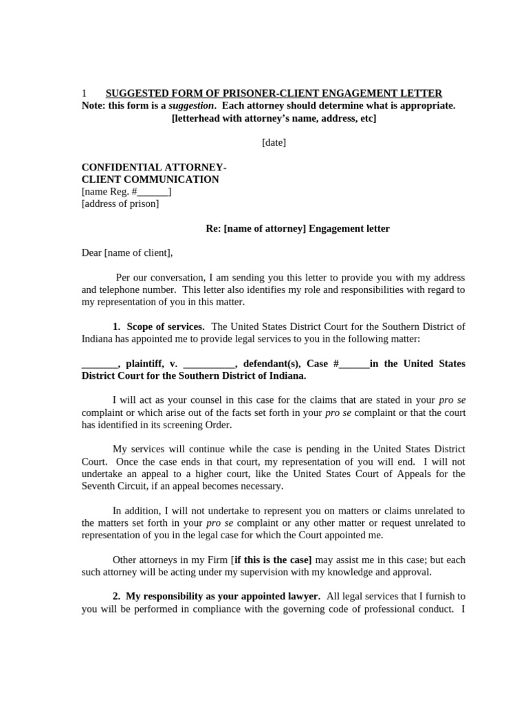 Sample Engagement Letter | PDF | Lawyer | Pro Se Legal Representation ...
