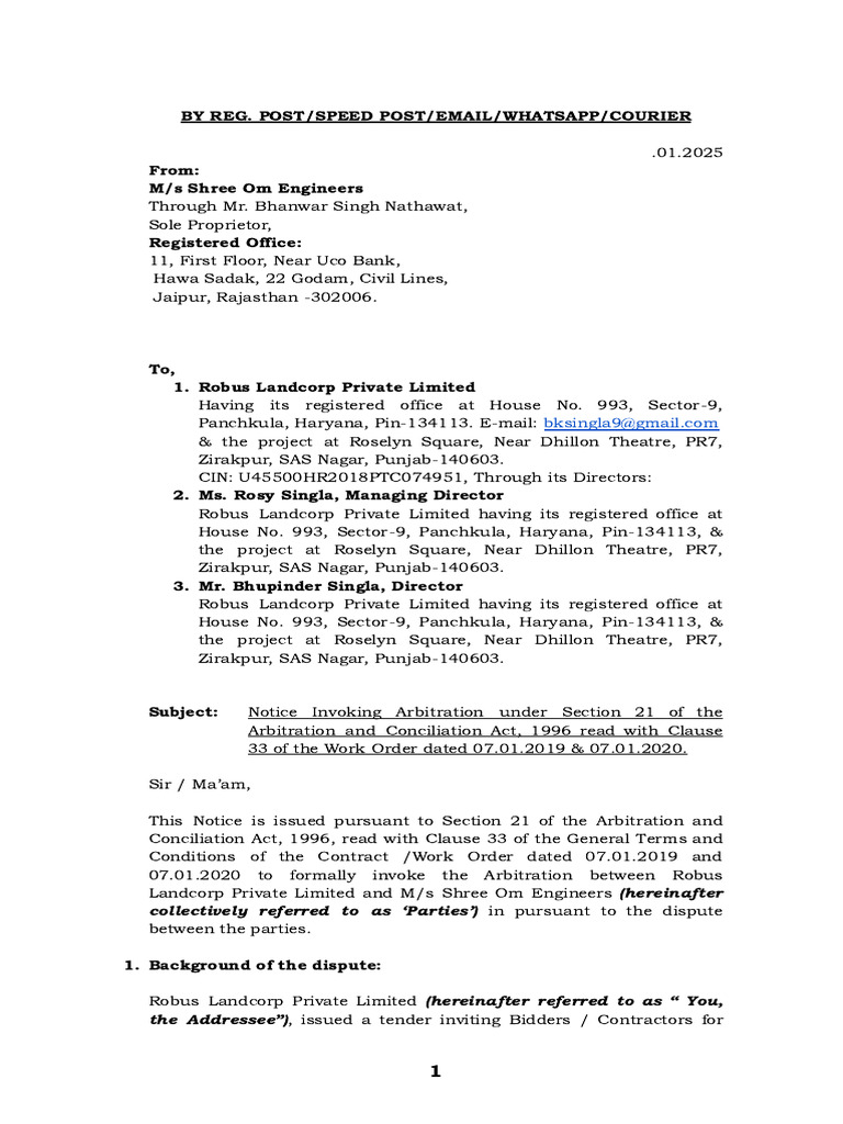 Notice Invoking Arbitration under Section 21 | PDF | Arbitration ...