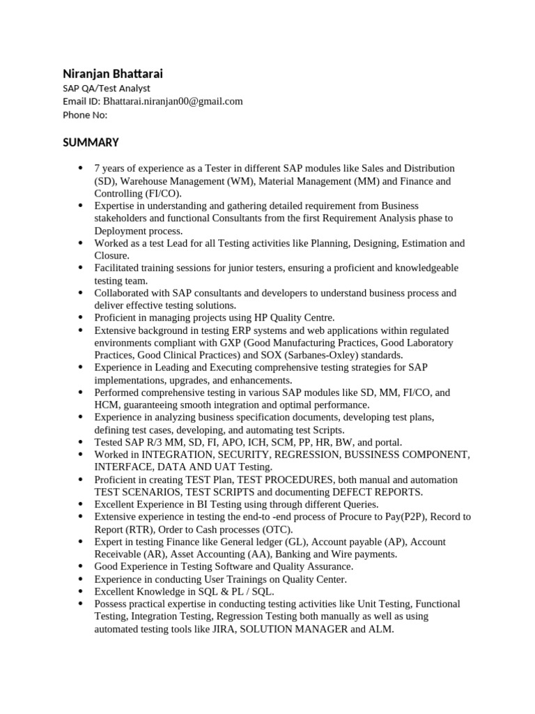 SAP QA/Test Analyst Resume Summary | PDF | Software Testing | Unit Testing