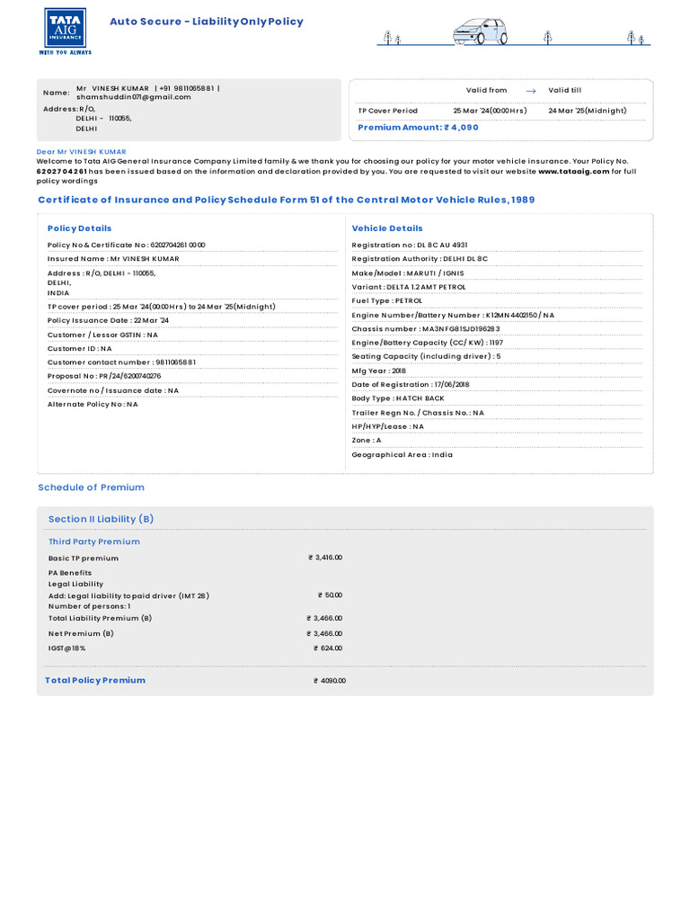 Tata AIG Motor Policy Schedule - 3184 - 6202704261-00 | PDF | Insurance ...