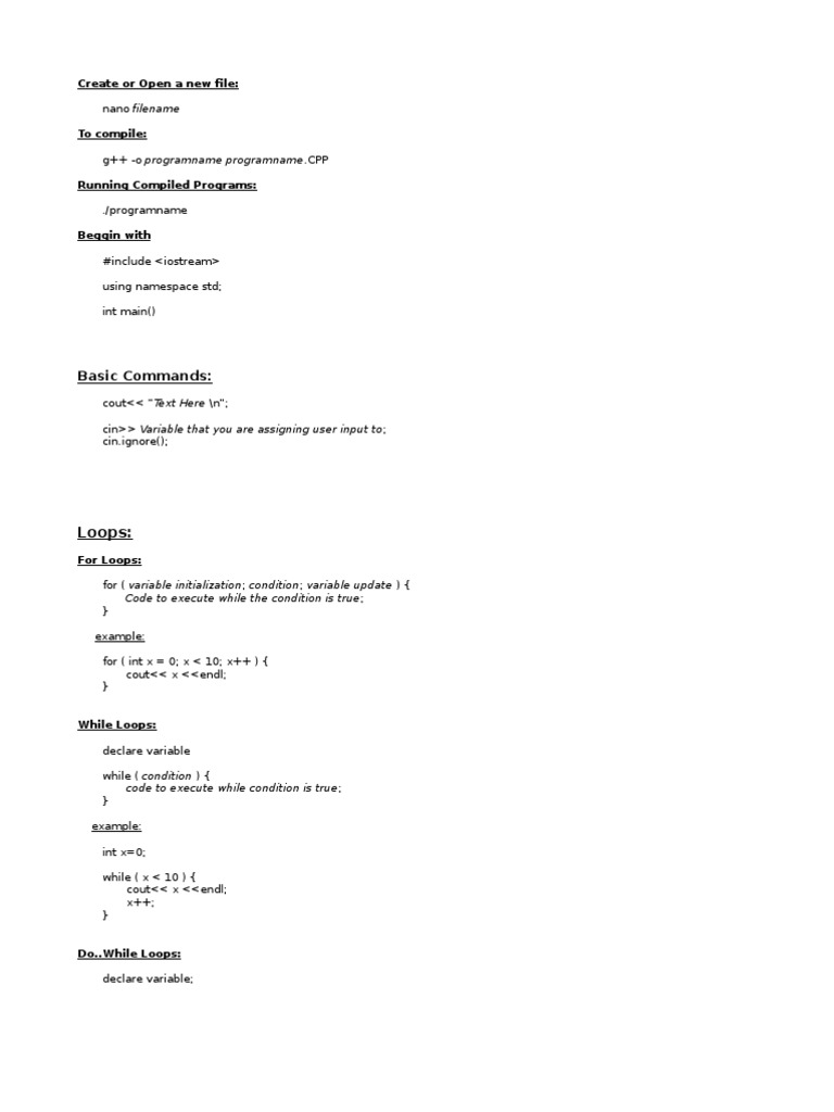 C++ Basics and Syntax Cheat Sheet | PDF
