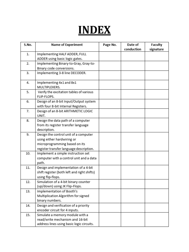 College Project Index for Experiments | PDF