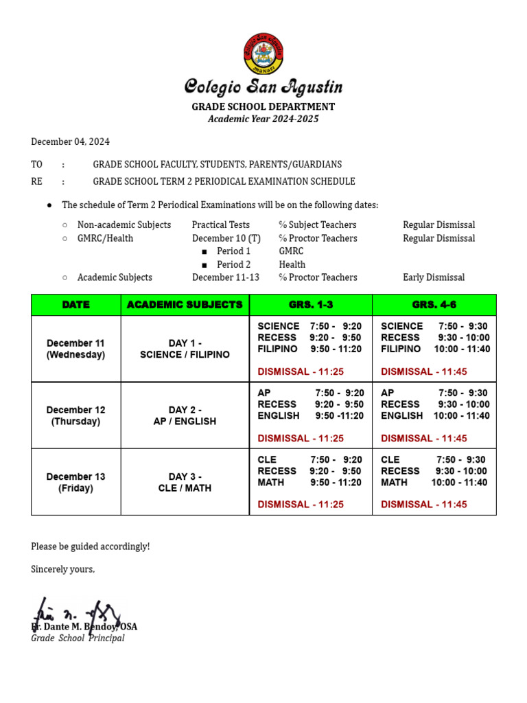 Grade School Term 2 Exam Schedule 2024 | PDF