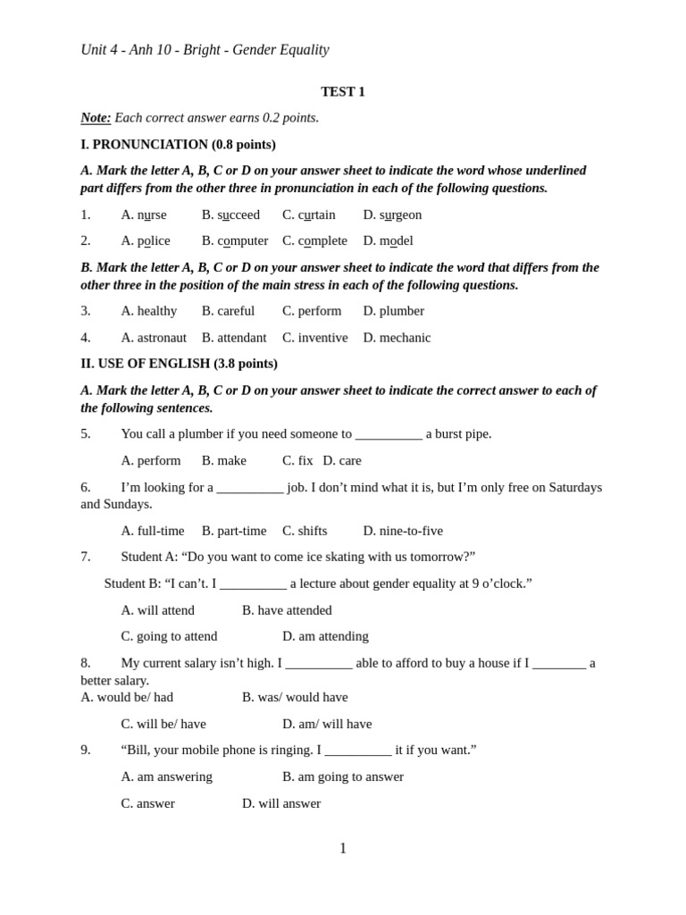 Gender Equality Test for Grade 10 Students | PDF | Stereotypes | Nursing