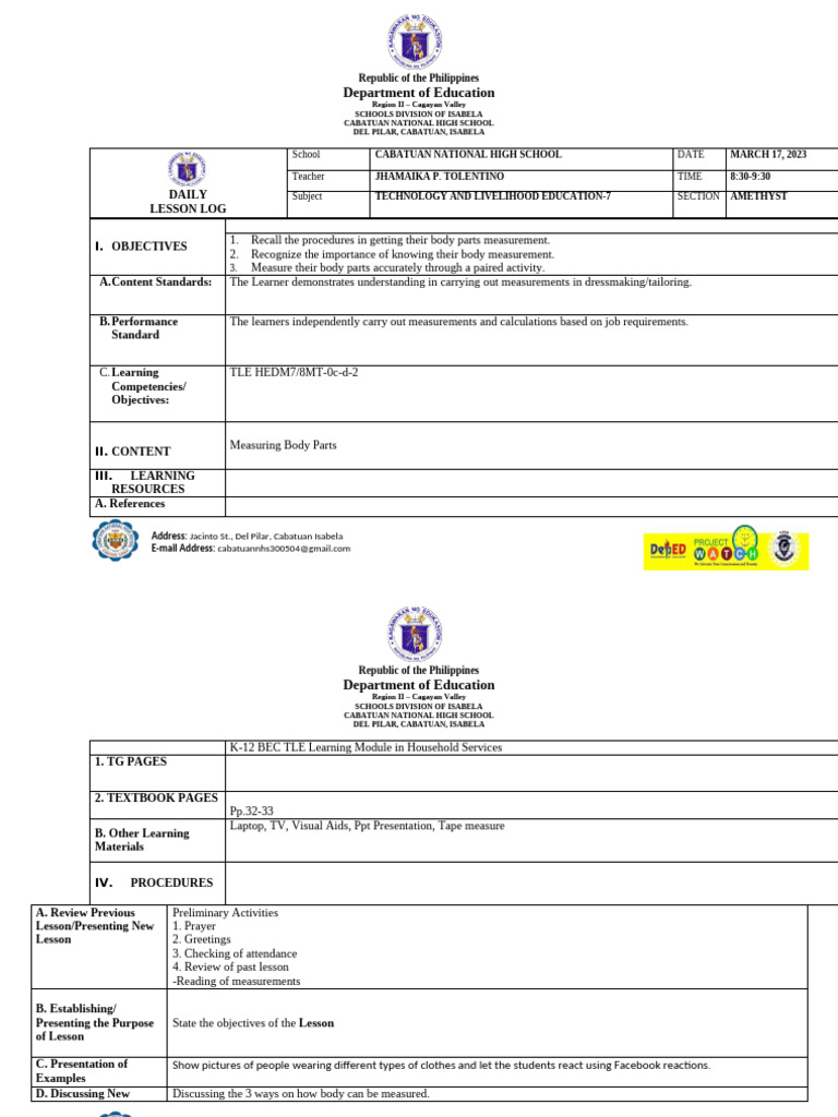 Daily Lesson Log for TLE and ICT Classes | PDF | Learning | Teachers