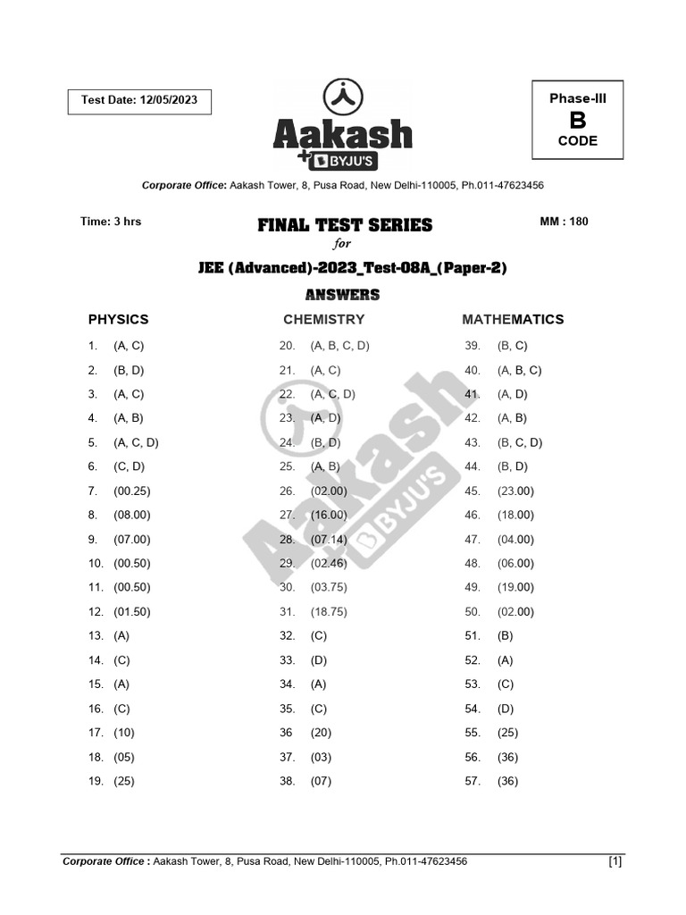 FTS For JEE (Advanced) - 2023 Test-8A (Paper - 2) - Sol | PDF ...