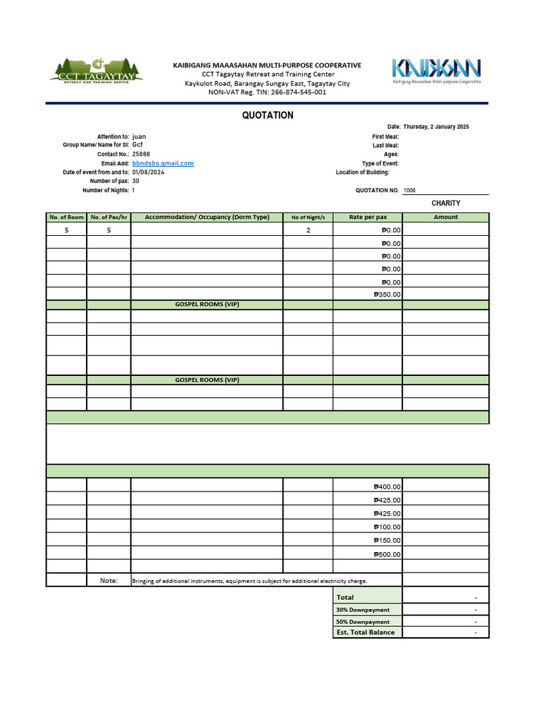 Event Quotation for CCT Tagaytay | PDF | Banks | Meal