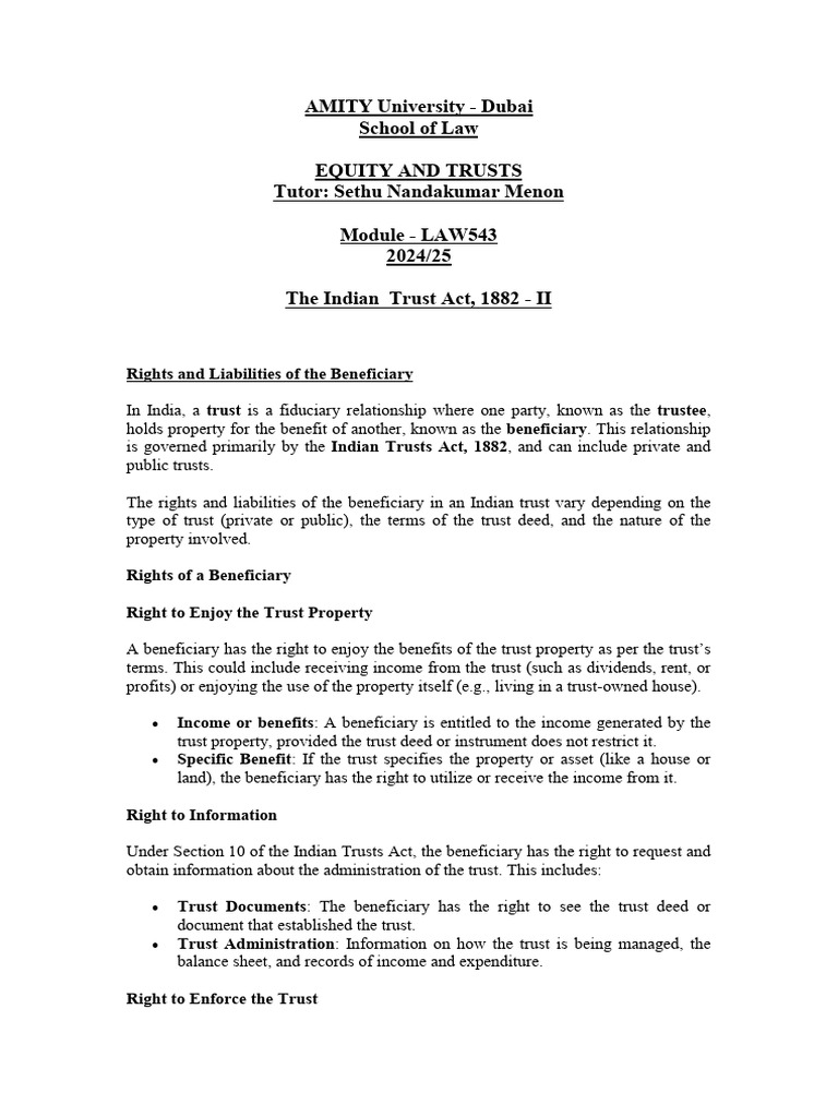 10 - Amity - LAW543 - Equity and Trusts | PDF | English Trust Law | Trustee