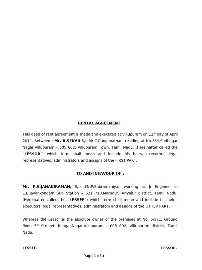Tamil Nadu Rental Agreement Template | PDF | Lease | Land Law
