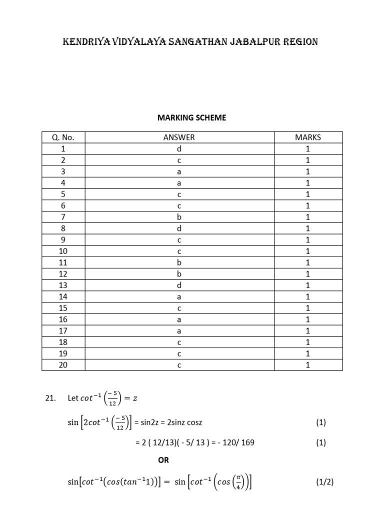 KVS Class XII Maths Marking Scheme | PDF | Mathematics | Mathematical ...