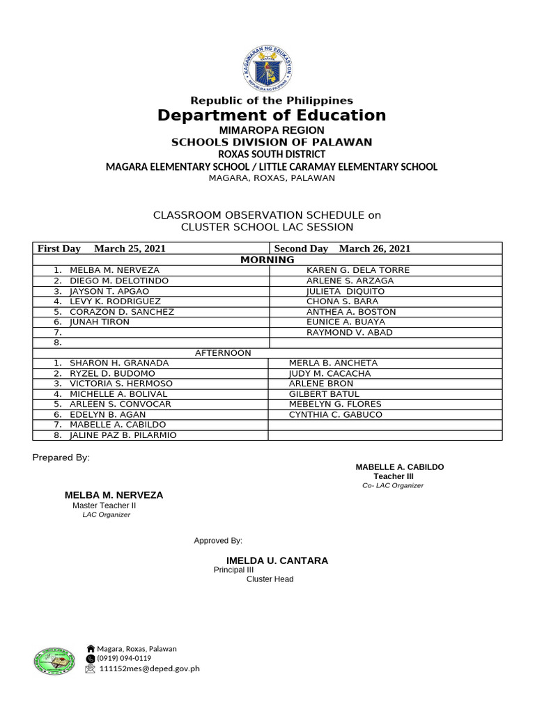 CLASSROOM OBSERVATION SCHEDULE On | PDF