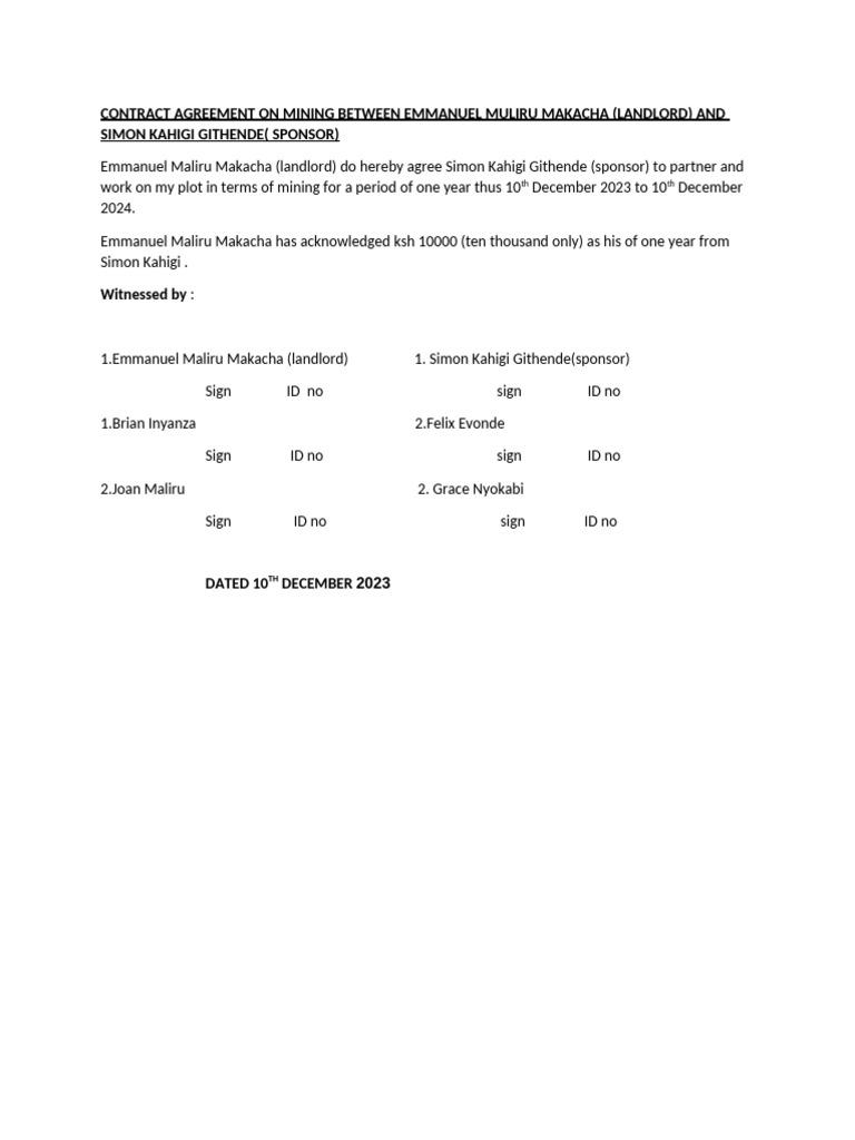 Contract Agreement On Mining Between Emmanuel Muliru Makacha | PDF
