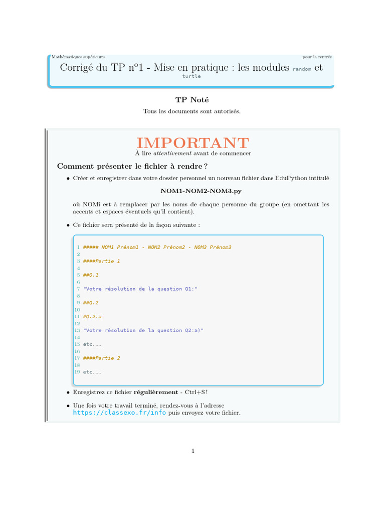 Corrigé TP1 : Modules Random et Turtle | PDF | Espérance mathématique