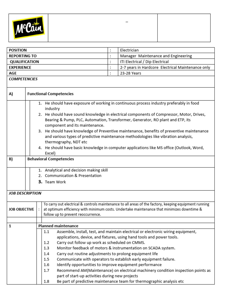 JD Maintenance - Electrician | PDF | Engineering